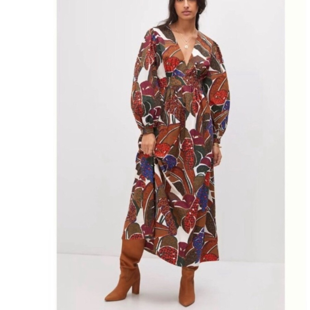 Anthropologie Farm Rio Deep V-Neck Maxi   Floral Puff Sleeve Tropical Dress NWT